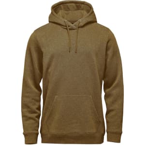 A men's pullover hoody in a muted olive green colour, featuring a drawstring hood and front pocket.
