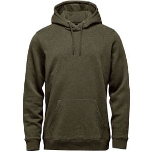 Men's Monashee fleece pullover hoody in olive green, featuring a front pocket and a drawstring hood.