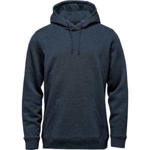 A dark grey fleece pullover hoodie with a front kangaroo pocket and adjustable drawstrings. Features branding.