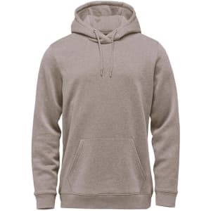A light grey fleece pullover hoody featuring a front pocket and adjustable drawstring hood. It has a logo.