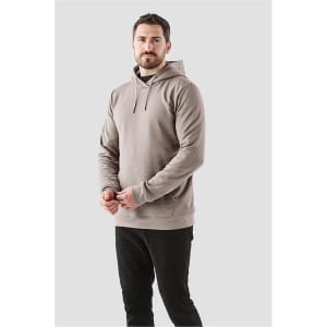 A men's fleece pullover hoodie in a light brown colour, featuring a drawstring hood and a front pocket.