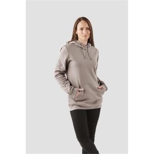 A grey fleece pullover hoodie with a front pocket and drawstring hood, featuring a logo.