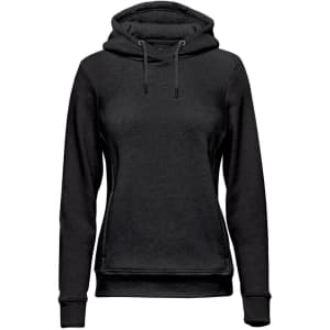 A women's black fleece pullover hoody with a drawstring hood and long sleeves. Features a subtle logo.