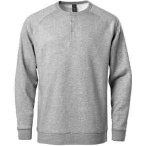A grey men's henley shirt with a button placket and long sleeves, featuring a logo on the chest.