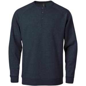 A men's navy blue henley shirt with a rounded neckline and buttons, featuring long sleeves and ribbed cuffs.