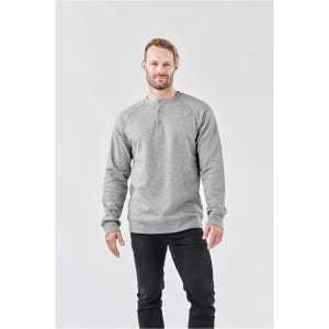 A grey men's Henley shirt with a round neckline and long sleeves, featuring a subtle logo.