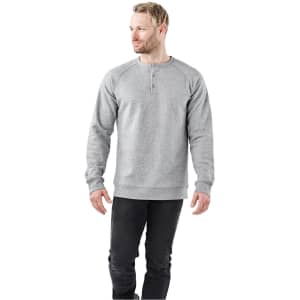 A grey men's henley shirt featuring a button-up neckline and long sleeves, with a logo on the chest.