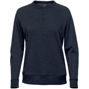 A navy blue women's henley shirt featuring a buttoned neckline and long sleeves. It has a small logo on the side.