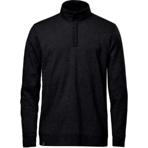 A black men's quarter zip pullover with long sleeves and a high collar, featuring a logo.