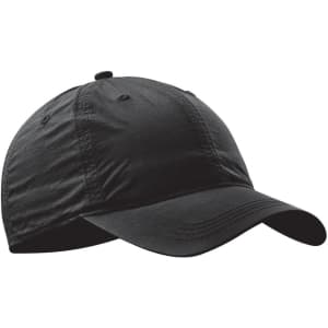 A black cap with a curved brim and an adjustable back. It features a logo on the front.