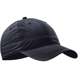 A black cap with a curved brim, featuring a logo on the front. It has a casual, lightweight design.