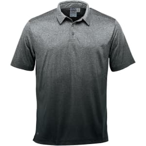 A dark grey polo shirt with a collar and short sleeves, featuring a logo on the hem.