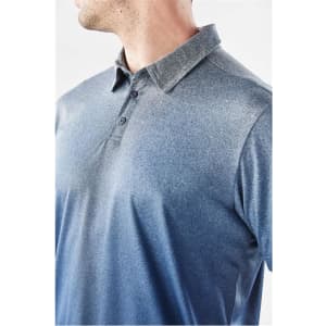 A men's polo shirt in shades of blue with a collar and a logo on the chest.