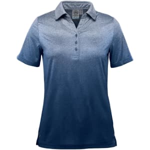 A women's polo shirt featuring a gradient design from light blue to dark blue, with a collar and button placket.