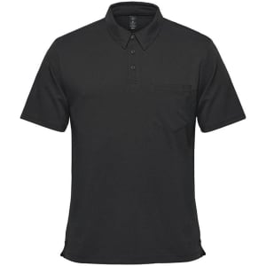 A black short sleeve polo shirt featuring a pocket and a logo on the chest. Suitable for casual wear.
