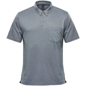 A grey short sleeve polo shirt with a collar and a pocket, featuring a logo on the chest.
