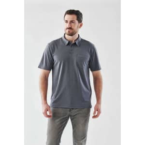 Men's short sleeve polo shirt in dark grey with a subtle texture and a left chest pocket. Features a logo.