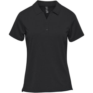 A black women's performance short sleeve polo with a classic collar and button placket, featuring a logo.