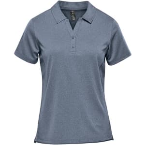 A short sleeve polo shirt in a blue-grey tone, featuring a collar and a logo on the chest.