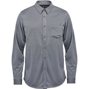 A grey long sleeve button-up shirt with a chest pocket and a collar. The shirt features a logo.