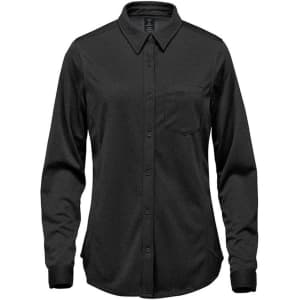 A black women's long sleeve button-up shirt features a collar and a chest pocket. It has a logo on the label.