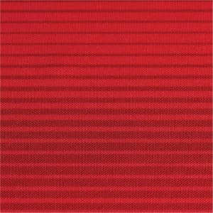 A textured fabric in vibrant red, featuring subtle horizontal stripes. Contains a logo.