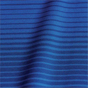 A textured fabric featuring horizontal stripes in various shades of blue, ideal for a women's polo shirt.