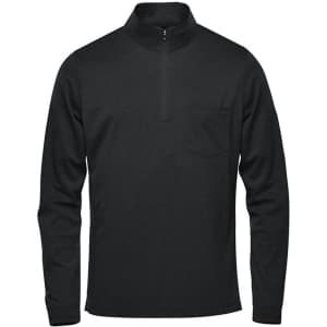 A black 1/4 zip pullover jumper for men featuring a chest pocket and a logo.