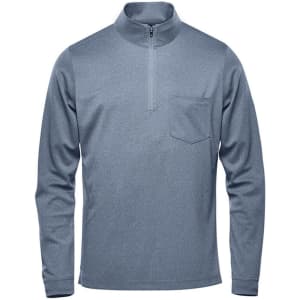A grey men's pullover with a 1/4 zip and a chest pocket, featuring a logo on it.