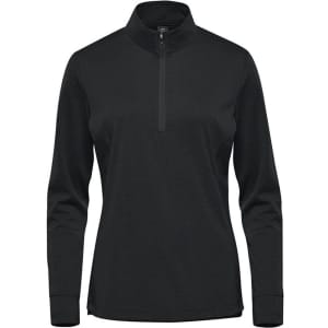 A black women's pullover with a 1/4 zip and long sleeves, featuring a subtle logo.