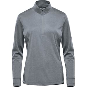 A women's 1/4 zip pullover in a grey shade, featuring long sleeves and a zippered collar. It has a logo.