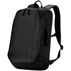 A black Aeronaut Backpack 25 with a sleek design and adjustable shoulder straps, featuring a branding logo.