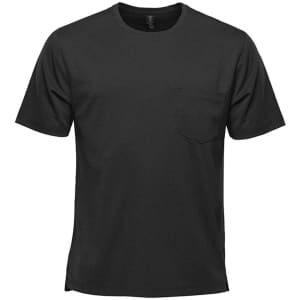 A black short sleeve tee with a front pocket and a logo on the label. Suitable for casual wear.