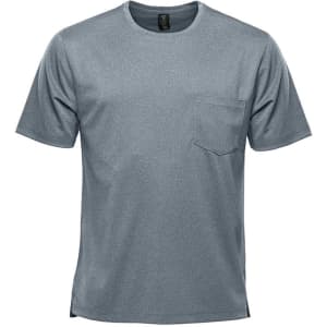 A grey short sleeve performance tee featuring a pocket and a logo on the label.