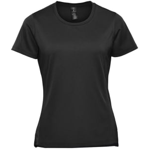 A black women's short sleeve performance tee with a fitted design and a logo on the chest.