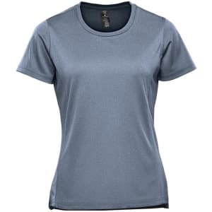 A women's short sleeve tee in a light blue-grey colour featuring a logo.