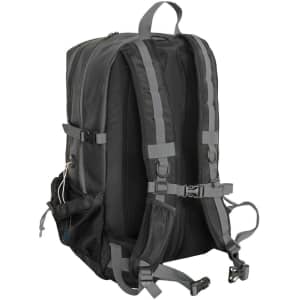 A black backpack with grey straps, featuring multiple compartments and a mesh side pocket. It has a logo on the front.