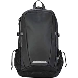 A sleek black backpack with mesh side pockets and a branding logo. Features multiple zippered compartments.