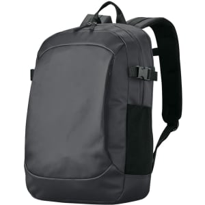 A dark grey backpack featuring adjustable straps, a sleek design, and side mesh pockets. Branding is visible.