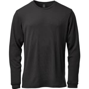 A black long-sleeved crew neck shirt with a textured fabric and a logo on the tag.
