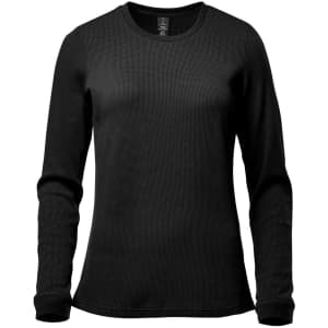 A black women's crew neck shirt with long sleeves and a textured fabric. The shirt features a logo.