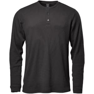 A black men's long-sleeve Henley shirt with a buttoned neckline and a textured finish. Features a logo.