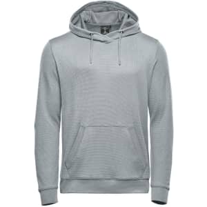 A light grey pullover hoody featuring a front pouch pocket and a hood. It has a logo on the front.