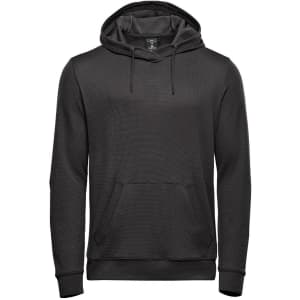 Men's Ashburn pullover hoody in black, featuring a front pocket and a hood, with a logo present.