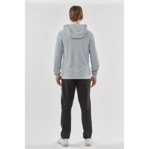 A grey pullover hoody with a hood, featured with a person wearing black pants, viewed from the back.
