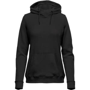A women's black pullover hoody with a front pocket and adjustable drawstrings on the hood.