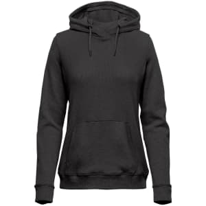 A black women's pullover hoody featuring a front pocket and a hood. It has a simple, casual design.