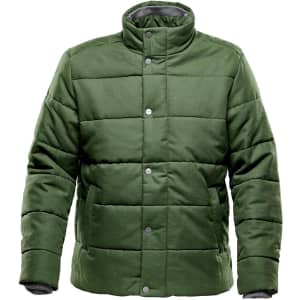 A green thermal jacket with a quilted design and snap buttons, featuring a high collar and a relaxed fit.