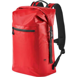 A red backpack with a sleek design, featuring adjustable straps and a front zip pocket. It includes a logo.