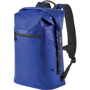 A blue backpack with a roll-top design, featuring a front zip pocket and adjustable straps. It has a logo on it.